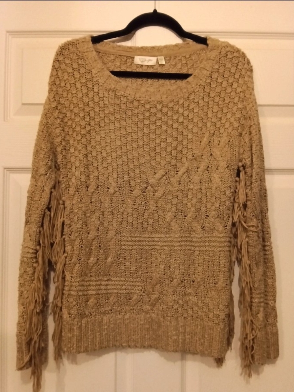 RD Style Tan Fringe Cable-Knit Crewneck Sweater